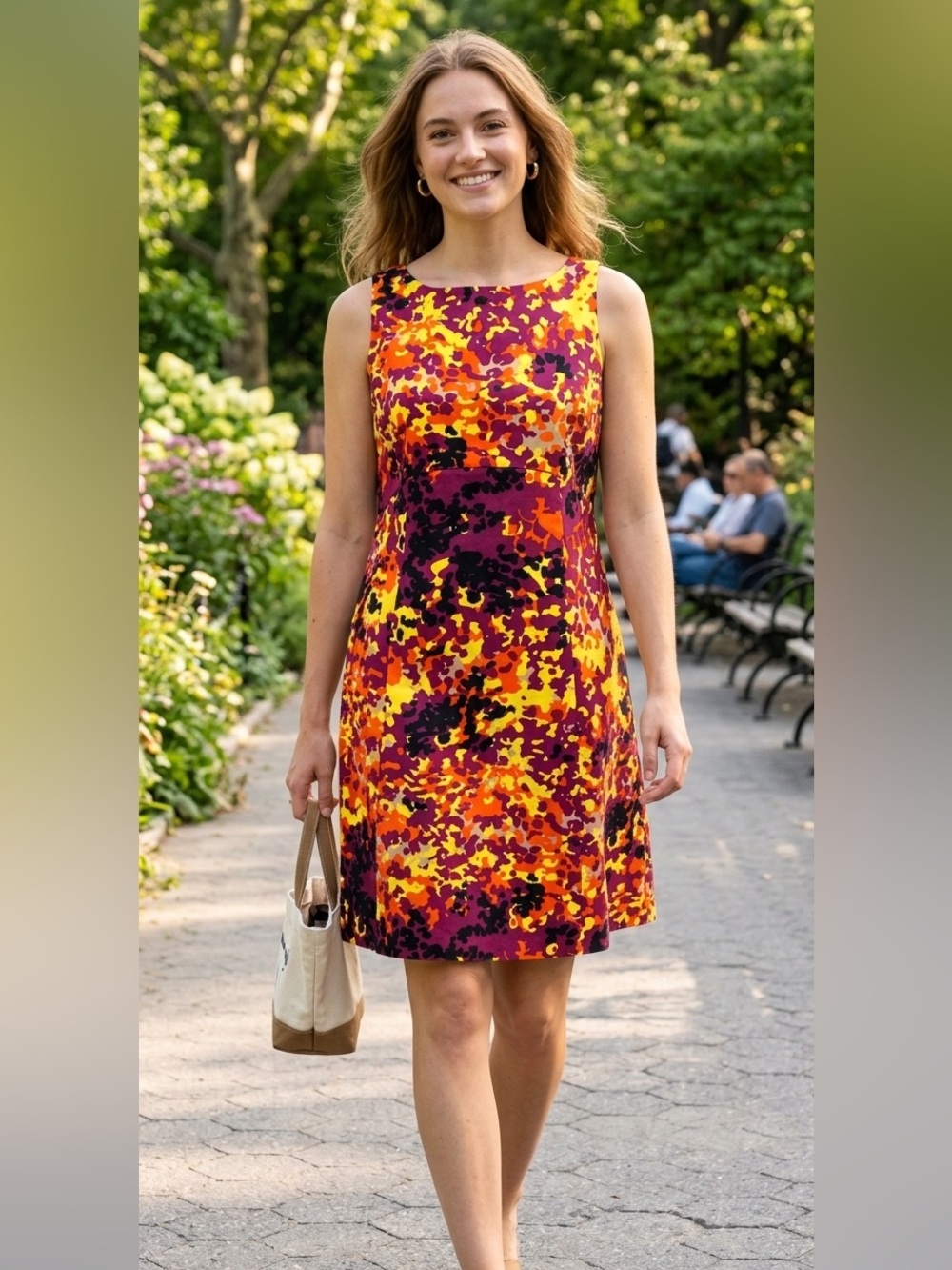 Sleeveless Midi Shift Dress in Yellow, Orange & Purple